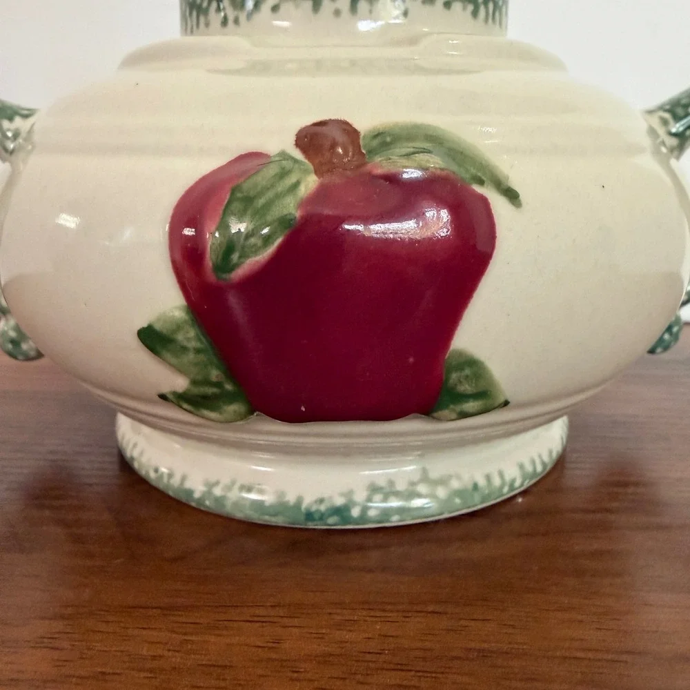 Ceramic Apple Taper Candle Holder Double Handle Farmhouse Green Cream Cottage